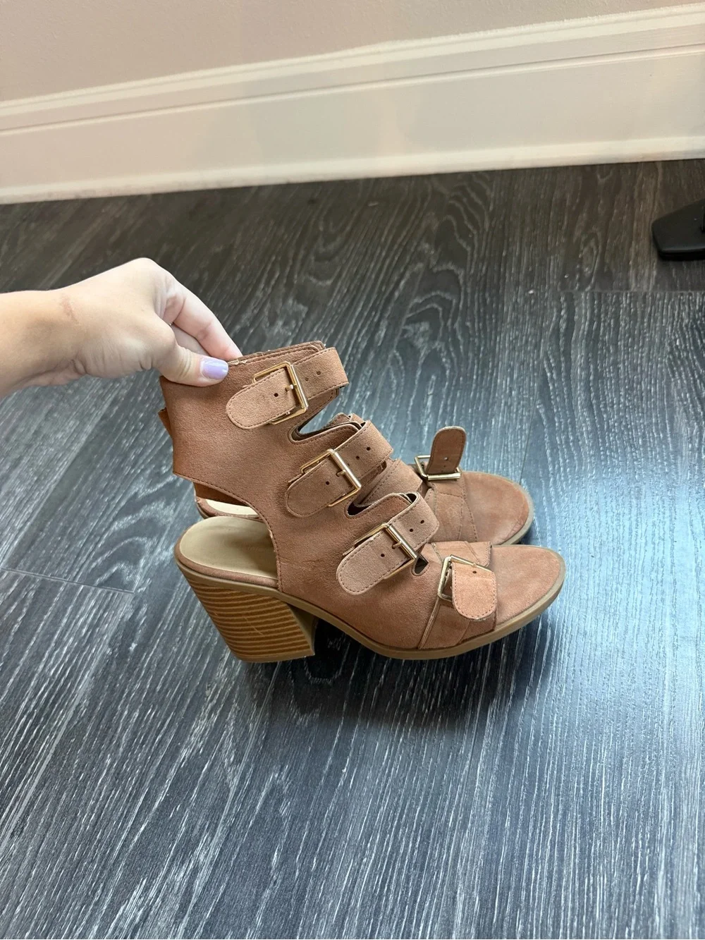 Maurices Three-Buckle Suede Block Heel Sandals - Tan